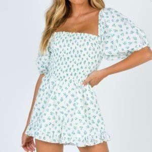 Princess Polly 100% Cotton Shirred Top Puffy Sleeve Ruffle Romper